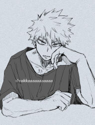  1boy arm_across_waist bakugou_katsuki blue_background blue_theme boku_no_hero_academia bored commentary_request crew_neck cropped_torso crosshatching dkyoudai expression_request film_grain hair_between_eyes hand_on_own_cheek hand_on_own_face hands_up hatching_(texture) head_on_hand head_rest highres linear_hatching looking_at_viewer male_focus monochrome parted_lips partial_commentary sanpaku scar scar_on_chest shirt short_hair short_sleeves simple_background solo spiky_hair straight-on t-shirt tsurime twitter_username 