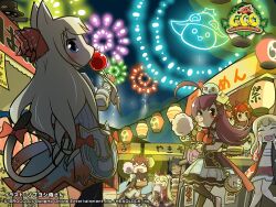  >_< 2boys 5girls aerial_fireworks ahoge animal_ears armored_skirt artist_name avatar_(eco) black_hair blonde_hair blue_eyes bow brown_skirt brown_thighhighs candy_apple cat_ears cat_tail character_mask closed_eyes company_name copyright_logo copyright_notice cotton_candy creature_on_head emil_chronicle_online fireworks food food_stand from_side gauntlets hair_bow happi holding holding_food japanese_clothes lantern logo long_hair looking_at_viewer mask mitama_elise mitama_mei mitama_rai monocle multiple_boys multiple_girls nobuyoshi-zamurai official_art paper_lantern paracelsus_lore pocket_watch purple_hair red_bow sarashi skirt standing standing_on_one_leg summer_festival tail tail_bow tail_ornament thigh-highs twintails violet_eyes watch white_skirt yatai 