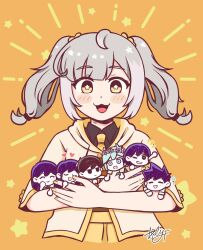  3girls 4boys :3 alternate_eye_color aubrey_(headspace)_(omori) aubrey_(omori) basil_(headspace)_(omori) basil_(omori) black_eyes blush bright_pupils closed_eyes closed_mouth colored_skin commentary english_commentary flower flower_wreath green_eyes green_hair grey_hair head_wreath heart hero_(headspace)_(omori) hero_(omori) highres kel_(headspace)_(omori) kel_(omori) long_hair looking_at_viewer mari_(headspace)_(omori) mari_(omori) mini_person miniboy minigirl multiple_boys multiple_girls omori omori_(omori) open_mouth orange_background purple_hair short_hair short_sleeves short_twintails smile star-shaped_pupils star_(symbol) starlyfnnctn symbol-shaped_pupils twintails white_pupils white_skin yellow_eyes 