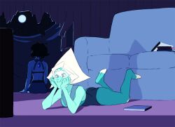  2girls alien ass blonde_hair blue_skin bow colored_skin couch face_shield forehead_jewel full_body full_moon gem gem_(steven_universe) green_skin happyds homeworld_gem_uniform indoors lapis_lazuli_(steven_universe) leotard lying moon multiple_girls night on_stomach peridot_(steven_universe) short_hair sitting sky star_(sky) starry_sky steven_universe triangle-shaped_hair 