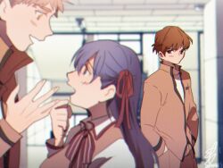  1girl 2boys brown_jacket brown_vest emiya_shirou fate/hollow_ataraxia fate_(series) from_side hair_ribbon hands_in_pockets homurabara_academy_school_uniform jacket long_hair long_sleeves matou_sakura mitsuzuri_minori momoka_(abc_momoka0718) multiple_boys neck_ribbon profile purple_hair red_ribbon ribbon school_uniform shirt vest white_shirt 