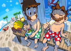  2boys barefoot beach beach_umbrella blue_sky brothers brown_hair closed_eyes clouds day eating facial_hair food footprints ghost holding holding_food holding_ice_cream holding_popsicle holding_spoon ice_cream ice_cream_cone luigi male_focus male_swimwear mario mario_&amp;_luigi_rpg multiple_boys mustache ocean open_mouth outdoors palm_tree polka_dot popsicle poster_(object) red_shorts sand shaved_ice short_hair shorts siblings sitting sky spoon star_(symbol) starlow summer super_mario_bros. sweat swim_trunks toad_(mario) topless_male tree umbrella yamari_(ya_mari_6363) 