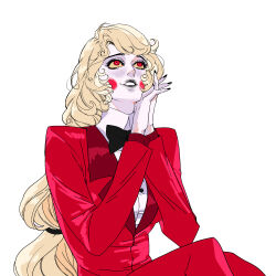  1girl black_bow black_bowtie blonde_hair blush_stickers bow bowtie breasts charlie_morningstar commentary curly_hair english_commentary hazbin_hotel hellaverse highres jacket long_hair looking_at_viewer low-tied_long_hair medium_breasts own_hands_clasped own_hands_together pale_skin pants pinkteest red_eyes red_jacket red_pants sitting solo tuxedo very_long_hair yellow_eyes 