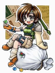  1girl armor artist_name ball border breasts brown_hair chest_strap commentary_request crop_top crossed_legs final_fantasy final_fantasy_vii fingerless_gloves full_body gloves green_shirt grey_eyes grey_shorts headband highres holding holding_ball hori_wo light_blush loose_socks marker_(medium) materia medium_breasts midriff navel open_fly open_mouth orange_gloves orange_shoes pauldrons ribbed_shirt ribbed_socks sack shirt shoes short_hair shorts shoulder_armor single_bare_shoulder single_fishnet_legwear single_pauldron single_sleeve sleeveless sleeveless_turtleneck smile sneakers socks solo traditional_media turtleneck white_border white_socks yuffie_kisaragi 