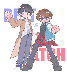  2boys animification artist_name banjou_ryuuga black_hair black_pants black_shirt black_shoes blue_eyes braid brown_coat brown_hair clenched_hands closed_mouth coat commentary english_commentary fingernails full_body hand_up heterochromia highres hood hood_down hoodie jacket kamen_rider kamen_rider_build_(series) kiryuu_sento knzk8739 layered_clothes long_sleeves looking_at_viewer male_focus multiple_boys open_clothes open_coat open_jacket open_mouth pants red_eyes shirt shoelaces shoes short_hair smile standing teeth upper_teeth_only white_background 