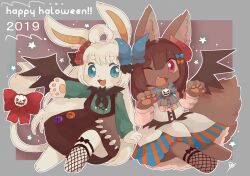  2019 2girls :3 :d ;3 ;d ahoge animal_ear_fluff animal_ears animal_feet animal_hands black_socks blue_bow blue_bowtie blue_eyes blush_stickers bow bowtie brown_fur brown_skirt chinchilla_ears chinchilla_girl chinchilla_tail commentary_request double-parted_bangs dress fishnet_socks fishnets fox_ears fox_girl fox_tail full_body furry furry_female green_shirt hair_between_eyes happy_halloween highres long_hair long_sleeves looking_at_viewer multiple_girls one_eye_closed open_mouth orange_bow orange_bowtie original outline outside_border pink_eyes po!_(popoemo) red_bow shirt short_hair single_bare_foot single_sock skirt smile socks striped_bow striped_bowtie striped_clothes striped_dress suspender_skirt suspenders tail tail_bow tail_ornament thick_eyebrows vertical-striped_clothes vertical-striped_dress very_long_hair white_dress white_fur white_hair white_outline 