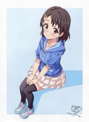 1girl black_thighhighs blue_background blue_jacket blue_shoes blush border brown_eyes brown_hair character_request closed_mouth collarbone commentary_request eyelashes flower frilled_skirt frills full_body hair_flower hair_ornament hands_on_own_legs highres hood hood_down hooded_jacket idolmaster idolmaster_cinderella_girls jacket rabbit_hair_ornament sekiya_kuzuyu shadow shoelaces shoes short_hair short_sleeves signature simple_background sitting skirt smile solo split_mouth thigh-highs white_border white_skirt zipper 