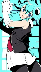  1boy 1girl :d beatspell black_pantyhose blue_eyes blue_hair character_name commentary_request elbow_gloves gloves hair_ornament highres koshianpancake looking_at_viewer looking_back male_focus necktie open_mouth pantyhose pantyhose_under_shorts rhythm_tengoku rhythm_tengoku_miracle_stars short_hair shorts sleeveless smile solo vest white_gloves white_shorts yu_(beatspell) 