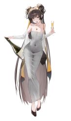  1girl absurdres bag breasts brown_hair champagne_flute collarbone commentary_request covered_navel cup dongtan_dress dress drinking_glass hair_bun highres jewelry josal korean_commentary long_hair looking_at_viewer necklace open_mouth original pencil_skirt shoulder_bag simple_background skirt small_breasts solo strapless strapless_dress tight_clothes white_background 