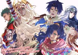  4boys 4girls anatolia_(fire_emblem) beard bertrand_(fire_emblem) black_hair blonde_hair blue_hair cai_(fire_emblem) capelet cat_mask commentary_request dark-skinned_male dark_skin dietrich_(fire_emblem) facial_hair fire_emblem fire_emblem:_fortune's_weave green_hair hair_ornament highres hood jewelry konnichi_warou leda_(fire_emblem) long_hair mask multiple_boys multiple_girls official_art open_mouth orchel_(fire_emblem) talimun_(fire_emblem) theodora_(fire_emblem) violet_eyes weapon white_hair white_headdress 
