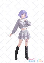  1girl :d amiya_aranha arm_at_side artist_name black_leg_warmers black_shoes block_heels commentary commission crop_top cropped_jacket english_commentary fangs full_body grey_eyes grey_jacket grey_skirt hand_up highres hood hood_down hooded_jacket indie_virtual_youtuber jacket kya_mayu layered_skirt leg_warmers long_sleeves midriff miniskirt navel open_mouth partially_unzipped purple_hair shirt shoes skirt smile solo standing virtual_youtuber watermark watermark_grid white_background white_shirt 