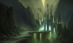 3boys absurdres andreas_rocha artist_name castle cliff dated dragon fantasy fellbeast fog frodo_baggins glowing gollum highres in-universe_location landscape minas_morgul mountain mountainous_horizon multiple_boys outdoors painterly samwise_gamgee scenery the_lord_of_the_rings tolkien's_legendarium tower valley very_wide_shot 