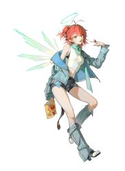  1girl absurdres alternate_costume arknights bike_shorts bike_shorts_under_shorts chips_(food) commentary_request crop_top cutoffs denim denim_jacket denim_leg_warmers denim_shorts detached_wings earrings energy_wings exusiai_(arknights) food food_wrapper full_body halo highres jacket jewelry korean_commentary looking_at_viewer midriff multiple_rings navel one_side_up orange_eyes pointing pointing_at_self potato_chips red_hair ring shorts simple_background single_off_shoulder solo stole szztzzs tank_top white_background white_tank_top wings 