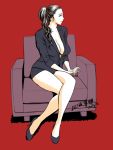  1girl breasts brown_eyes brown_hair chair dated large_breasts legs long_hair office_lady original ponytail red_background signature sitting solo tatsunami_youtoku 