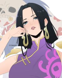 1girl absurdres artist_name black_hair blue_eyes blurry blurry_background boa_hancock breasts chinese_clothes coat coat_on_shoulders commentary dress earrings epaulettes gold_earrings head_on_hand head_rest head_tilt highres iamosix2 instagram_username jewelry kuja_pirates_jolly_roger lips long_hair looking_at_viewer loose_hair_strand medium_breasts one_piece parted_hair parted_lips purple_dress qipao salome_(one_piece) sidelocks skull skull_print sleeveless sleeveless_dress snake snake_earrings solo_focus twitter_username untranslatable_commentary upper_body white_background white_coat 