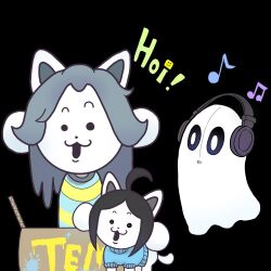  0_0 1:1 1other 2021 2d ambiguous_gender animal black_background blue_sweater body_fur box creature digital_media ghost grey_hair headphones multiple_animal_ears musical_note napstablook sheet_ghost shirt simple_background solid_circle_eyes solid_eyes striped_clothes striped_shirt sweater tail temmie tentendj10 text trio two-tone_shirt undertale utdr_(toby_fox) white_fur 