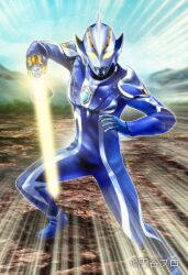  1boy alien arm_blade blue_skin color_timer colored_skin commentary_request copyright_notice energy_blade giant glowing glowing_eyes multicolored_skin official_art outdoors silver_skin solo tokusatsu ultra_series ultraman_fusion_fight! ultraman_hikari ultraman_mebius_(series) weapon yanagi_jou yellow_eyes 