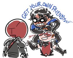  arsenal_(dc) batman_(series) black_bodysuit bodysuit chibi commentary dc_comics dick_grayson domino_mask english_commentary eye_mask grey_bodysuit jason_todd mask multicolored_bodysuit muscular muscular_male nightwing red_hood_(dc) red_mask roy_harper superhero_costume taut_bodysuit taut_clothes two-tone_bodysuit zed-sabre 