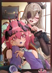  2girls absurdres animal_ears black_dress black_ribbon brown_hair brown_streaks closed_eyes colored_tongue commentary dragon_girl dragon_horns dragon_tail dress earrings english_commentary eyepatch fangs grape_(vtuber) hair_between_eyes hairband heart heart_eyepatch highres horns indie_virtual_youtuber jewelry lace lace-trimmed_hairband lace_sleeves lace_trim long_hair mirror multicolored_hair multiple_girls nimi_nightmare nimi_nightmare_(goth) open_mouth pink_hair pointy_ears punpond purple_horns purple_tail purple_tongue reflection ribbon shirt streaked_hair tail tapir_ears tapir_girl two_side_up virtual_youtuber white_shirt 