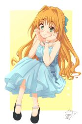  1girl black_shoes blue_dress blush border bracelet character_request closed_mouth commentary_request dress eyelashes full_body green_eyes hair_intakes hands_on_own_face highres idolmaster idolmaster_cinderella_girls jewelry long_hair necklace orange_hair sekiya_kuzuyu shoes signature simple_background sitting smile solo split_mouth white_border yellow_background 