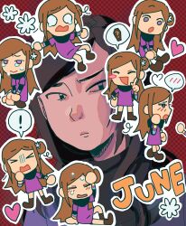  ! 1girl :o =_= ? absurdres ahoge ayellowapple black_scarf blush blush_stickers boots brown_boots brown_hair character_name chibi chibi_inset closed_eyes closed_mouth commentary crying crying_with_eyes_open dress english_commentary flower from_side grid_background hair_bun hair_flower hair_ornament hand_on_own_head heart heart_ahoge highres index_finger_raised kurashiki_akane kyokugen_dasshutsu kyokugen_dasshutsu:_9_jikan_9_nin_9_no_tobira layered_sleeves long_hair long_sleeves multiple_views no_sclera o_o open_mouth outline outstretched_arms purple_dress red_background scarf short_over_long_sleeves short_sleeves single_blush_sticker single_hair_bun single_side_bun sitting smile speech_bubble spoken_blush spoken_exclamation_mark spoken_question_mark spread_arms sweat tearing_up tears violet_eyes white_outline 
