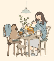  1girl absurdres blush book breakfast brown_hair check_commentary cleaning_brush coffee coffee_mug commentary_request cup eating food full_body highres honey marunoki morning mug newspaper on_book original pajamas pancake sitting_on_book slice_of_life slippers socks stool sweater tanuki vase 