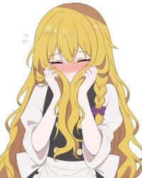  1girl apron back_bow black_skirt black_vest blonde_hair blush bow braid closed_eyes closed_mouth commentary_request embarrassed facing_viewer flying_sweatdrops hair_bow highres kirisame_marisa lips_creator777 long_hair missing_headwear purple_bow side_braid simple_background single_braid skirt solo touhou very_long_hair vest waist_apron white_apron white_background white_bow 