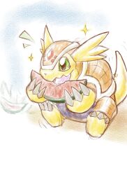  armadimon claws colored_pencil_(medium) commentary_request digimon digimon_(creature) eating food fruit green_eyes highres holding holding_food holding_fruit nigreenwalker no_humans open_mouth sitting solo sparkle tail traditional_media watermelon watermelon_slice 