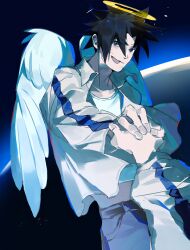  2boys absurdres angel angel_wings black_eyes black_hair bruise bruise_on_face commentary earth_(planet) english_commentary false_memory feathered_wings guan_chao_(false_memory) guan_chao_(teenager)_(false_memory) halo he_mingshuo highres holding_hands injury jacket long_hair looking_at_another looking_at_viewer male_focus midriff_peek multiple_boys out_of_frame pants planet school_uniform sherrylovesau shirt smile space spiky_hair white_shirt wings 
