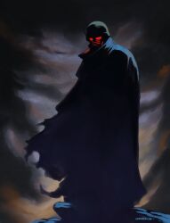  1other 2026 artist_name black_cloak cloak clouds commentary dark_cloud decomposedtaco english_commentary fallout fallout:_new_vegas full_body gas_mask helmet highres mask ncr_veteran_ranger other_focus radio_antenna rock solo standing torn_cloak torn_clothes 