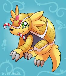  armadimon artist_name blue_background candy candy_cane claws digimon digimon_(creature) ectodrool food green_eyes highres looking_at_viewer no_humans solo 