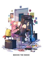  1girl absurdres amplifier bag bass_guitar black_skirt black_socks blue_eyes bocchi_the_rock! bottle bow box cable can cardboard_box cellphone chair closed_mouth commentary_request cube_hair_ornament desk door drink_can drumsticks electric_guitar energy_drink english_text full_body gibson_les_paul gotoh_hitori grey_skirt guitar guitar_case hair_between_eyes hair_ornament headphones highres holding holding_guitar holding_instrument indoors instrument instrument_case jacket knee_up kneehighs knees_up loafers long_hair long_sleeves looking_up microphone nakamori_kemuri one_side_up pants paper phone pink_hair pink_jacket pink_pants playing_instrument pleated_skirt plectrum poster_(object) red_bow school_desk school_uniform scissors shoes sidelocks simple_background sitting skirt smartphone socks soda_can solo speaker sticker sticky_note television teruterubouzu track_jacket trash trash_can very_long_hair water_bottle white_background 