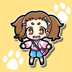  1girl bag blue_sorts bone_hair_ornament bright_pupils brown_eyes brown_hair brown_shoes chibi chibi_only commentary_request drop_shadow eyelashes full_body hair_ornament hairclip highres long_hair naconaconacosu open_mouth outline paw_print pink_bag pink_shirt pokemon pokemon_tcg pokemon_tcg_pocket puppy-loving_girl_(pokemon) shirt shoes single_sidelock smile solo striped_clothes striped_shirt teeth thigh-highs twintails upper_teeth_only white_outline white_pupils white_thighhighs yellow_background 