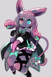  1girl :3 bare_shoulders black_boots black_cape black_dress black_gloves blue_eyes blunt_bangs boots bow cape chinchilla_ears chinchilla_girl chinchilla_tail closed_mouth commentary_request dress frilled_dress frills full_body furry furry_female gloves green_bow grey_background hand_up heterochromia highres long_hair original pink_eyes po!_(popoemo) purple_fur purple_hair short_dress simple_background smile solo tail tail_bow tail_ornament white_bow 