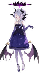  1girl absurdres bare_shoulders black_halo black_horns black_wings blue_archive closed_mouth commentary_request dress earrings elbow_gloves full_body gloves grey_hair halo highres hina_(blue_archive) hina_(dress)_(blue_archive) horns jewelry lastation14 looking_at_viewer low_wings multicolored_halo multicolored_wings necklace official_alternate_costume pantyhose pink_eyes pink_halo purple_dress purple_gloves purple_pantyhose purple_shoes purple_wings shoes short_hair simple_background solo two-tone_halo two-tone_wings white_background wings 