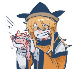  1girl animal animalization axolotl black_hat blonde_hair detached_sleeves grin hat hat_ribbon highres holding holding_animal l_fzxxxx long_hair long_sleeves matara_okina mob_cap orange_sleeves orange_tabard red_ribbon ribbon smile tabard touhou white_hat wide_sleeves yakumo_yukari yakumo_yukari_(axolotl) yellow_eyes 