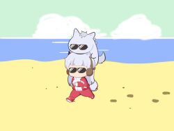  1girl animal animal_ears animal_on_head beach chibi clouds day ear_covers gold_ship_(racehorse) gold_ship_(umamusume) gomashio_(goma_feet) green_sky grey_hair horizon horse horse_ears horse_girl horse_tail jacket long_hair ocean on_head outdoors pants red_jacket red_pants red_shoes running sand shoes sky sunglasses tail track_jacket track_pants track_suit umamusume very_long_hair water 