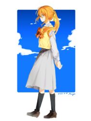  1girl arms_behind_back black_socks border bow bowtie closed_mouth clouds cuttlefish25550 dated degrees_of_lewdity from_side full_body glasses grey_skirt hair_bow high-waist_skirt highres kneehighs long_hair long_sleeves looking_at_viewer medium_skirt outside_border ponytail profile red_bow red_bowtie shirt sidelocks sideways_glance sketch skirt sky socks solo sweater_vest sydney_(degrees_of_lewdity) sydney_(female)_(degrees_of_lewdity) toes_up white_border white_shirt yellow_bow yellow_eyes yellow_sweater_vest 