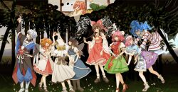  1boy 6+girls ^_^ absurdres apple apron ascot back_bow bandaged_arm bandages bare_shoulders bell black_bow black_hair black_sash black_shirt blonde_hair blue_bow blue_dress blue_hair book bow brown_eyes brown_hair bun_cover chained_wrists closed_eyes commentary_request detached_sleeves double_bun dress dress_bow drill_hair facing_another fairy_wings fine_art_parody flower flying food forbidden_scrollery foul_detective_satori frilled_ascot frilled_bow frilled_hair_tubes frilled_skirt frilled_socks frills fruit ghost glasses gohei green_eyes green_skirt hair_bell hair_between_eyes hair_bow hair_bun hair_ornament hair_tubes hakurei_reimu hat hat_bow high_heels highres holding holding_gohei holding_hands ibaraki_kasen imagining index_finger_raised interlocked_fingers jingle_bell loafers long_hair looking_at_another looking_at_viewer looking_up lossy-lossless luna_child lying mary_janes midriff mika_(alquermes) mixed-language_commentary miyadeguchi_mizuchi morichika_rinnosuke motoori_kosuzu multiple_girls nontraditional_miko obi okunoda_miyoi on_floor on_stomach open_book open_mouth orange_hair outstretched_arms parody pink_eyes pink_hair pink_skirt print_apron print_tank_top puffy_short_sleeves puffy_sleeves reading red_bow red_dress red_eyes red_shirt red_shoes red_skirt red_tabard ribbon-trimmed_sleeves ribbon_trim running sandals sash shirt shoes short_hair short_sleeves skirt sleeveless sleeveless_shirt smile socks standing star_sapphire stitched striped_clothes striped_dress sunny_milk tabard tabi tank_top touhou tree two-tone_dress whale_hat white_apron white_dress white_hat white_socks wide_sleeves wings yellow_ascot zouri 