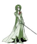  armor costume gardevoir green green_hair hair_ornament knight nintendo personification pokemon realistic red_eyes simple_background solo sword weapon white_background 