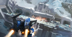  6+boys adeptus_astartes aircraft chevron_(symbol) concrete eddygonzlezdvila explosion fictional_aircraft firing garage highres military_base military_vehicle missile_pod missile_trail mountain multiple_boys muzzle_flash rudder shipping_container snow stormtalon_gunship thrusters ultramarines vehicle_focus vtol war warhammer_40k 