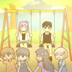  2girls 4boys age_comparison antenna_hair artist_name aubrey_(faraway)_(omori) aubrey_(omori) basil_(faraway)_(omori) basil_(omori) black_eyes black_hair black_shoes black_sweater_vest blonde_hair blue_eyes blue_hairband blue_overalls blue_shirt blue_skirt bow bright_pupils brown_hair brown_shorts closed_mouth collared_shirt commentary crop_top dark-skinned_male dark_skin denim denim_skirt english_commentary flower hair_bow hair_flower hair_ornament hairband highres jacket kel_(faraway)_(omori) kel_(omori) long_hair multiple_boys multiple_girls omori on_swing orange_shirt outdoors overalls parted_lips pink_bow pink_hair pink_shirt shirt shoes short-sleeved_jacket short_hair short_sleeves shorts sidelocks sitting skirt sneakers socks starlyfnnctn sunny_(omori) sweater_vest swing swing_set t-shirt twitter_username white_jacket white_pupils white_shirt white_socks 