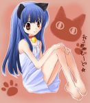  barefoot bell bell_collar blue_hair bow brown_eyes cat_ears collar dress furude_rika higurashi_no_naku_koro_ni long_hair sitting 