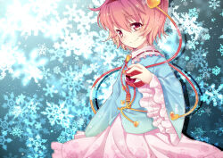  1girl blue_background blue_shirt closed_mouth commentary_request cowboy_shot disembodied_linked_eye floral_print hair_ornament hairband haruki_(colorful_macaron) heart heart_hair_ornament komeiji_satori long_sleeves looking_at_viewer pink_eyes pink_hair pink_skirt red_hairband rose_print shirt short_hair skirt smile snowflake_background solo touhou wide_sleeves 