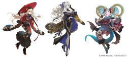  3girls bag bare_shoulders bow commentary_request copyright_name curled_horns curly_hair dress eating fate/grand_order fate_(series) floral_print floral_print_kimono flower food frilled_dress frilled_hairband frills furisode hair_bow hair_flower hair_ornament hairband handbag high_heels holding holding_bag holding_skewer holding_umbrella horns japanese_clothes kimono kriemhild_(fate) larva_tiamat_(fate) multiple_girls nanahara_shie official_alternate_costume official_art olga_marie_animusphere print_kimono skewer star-shaped_pupils star_(symbol) sweets symbol-shaped_pupils tanghulu tiamat_(fate) umbrella wagashi 