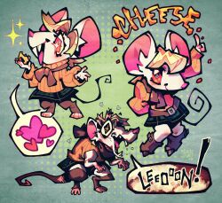  1girl animal_ears ashley_graham ashley_graham_(mouse) boots brown_boots dav_(krooked_glasses) english_text green_skirt heart highres looking_at_viewer mouse_ears mouse_girl mouse_tail multiple_views open_mouth orange_sweater red_eyes resident_evil resident_evil_4 resident_evil_4_(remake) skirt sparkle speech_bubble sweater tail white_fur 