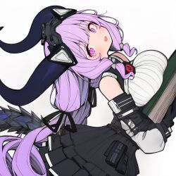  arknights arknights:_endfield black_skirt book breast_press breasts commentary_request hair_tie highres looking_at_viewer open_mouth pink_eyes purple_hair skirt tail twintails typhoeus_(arknights) typhon_(arknights) white_background 
