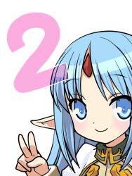  1girl blue_eyes blue_hair commentary_request countdown_illustration finger_counting forehead_jewel long_hair looking_at_viewer official_artist_extra orion_(orionproject) pointy_ears rance_(series) rance_quest reset_kalar smile solo v 