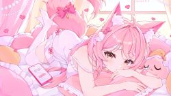  1girl absurdres animal_ears bow commentary dnis_he0 english_commentary fox_ears fox_tail hair_ornament heart heart_hair_ornament highres indoors long_hair looking_at_viewer lying nightgown on_bed on_stomach original pillow pink_bow pink_hair solo stuffed_toy tail tail_bow tail_ornament thigh-highs white_nightgown white_thighhighs window yellow_eyes 