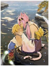  1boy 1girl absurdres ahoge animal_ear_fluff animal_ears backless_dress backless_outfit black_bow black_thighhighs blonde_hair blurry blurry_foreground border bow cat_ears cat_girl cat_tail closed_eyes closed_mouth commentary day detached_sleeves dotr_art dress east-west_crossover final_fantasy final_fantasy_x floral_print floral_print_sash forehead-to-forehead hair_bow heads_together highres hood hood_down japanese_clothes long_hair nyatasha_nyanners obi outdoors partially_submerged pectorals pink_hair pink_tail plant print_sash purple_dress river rock sash seiza shore short_dress short_hair sitting sleeveless sleeveless_dress tail tail_bow tail_ornament thigh-highs tidus twintails two-tone_dress untranslatable_commentary virtual_youtuber vshojo wariza water white_border white_dress wide_sleeves yellow_sash 